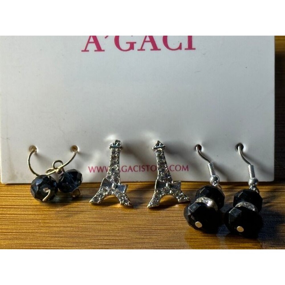Eiffel Tower Black Bead Earrings 3 Pair Set Paris Boho NWT New Jewelry Gift Idea